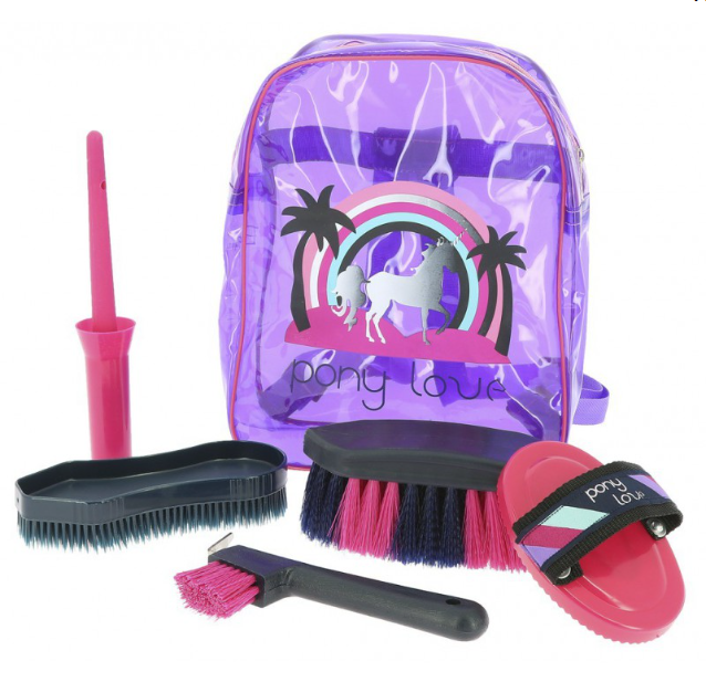 Sellerie Equideal à Saint-Dié 

Kit grooming Equi-Kids modèle &quot;Léa&quot;

Sac à dos de pansage en plastique transparent, contenant un bouchon nylon petit modèle, une brosse douce petit modèle, une étrille ovale, un cure-pied brosse et un peigne queue plastique.
