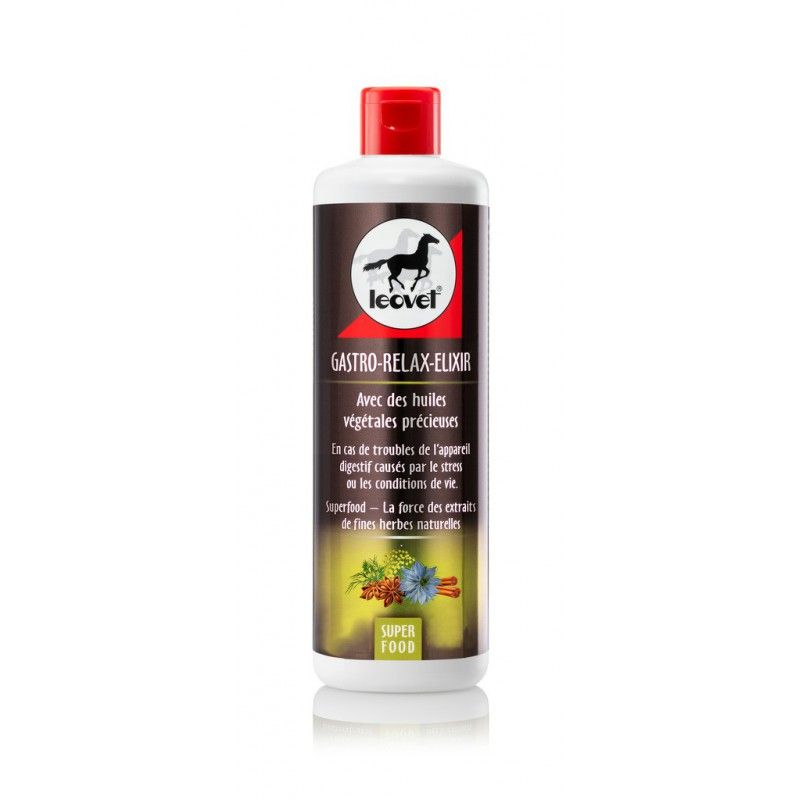 Aliment complémentaire Gastro relax elixir sellerie Equideal Saint Dié
En cas de troubles de l&#39;appareil digestif causés par le stress ou les conditions de vie.

Renforce la bonne santé intestinale. Idéal pour l&#39;emploi avant l&#39;apparition de situations de stress, comme par exemple un déménagement, un transport, le début ou la fin de la saison de pâturage ainsi que les compétitions. Convient également pour un emploi durable chez les chevaux sensibles. Peut provoquer des selles liquides, de légers ballonnements ainsi que des troubles du tube digestif. Contient 5 huiles précieuses qui peuvent avoir un effet équilibrant sur le tube digestif et le milieu intestinal.