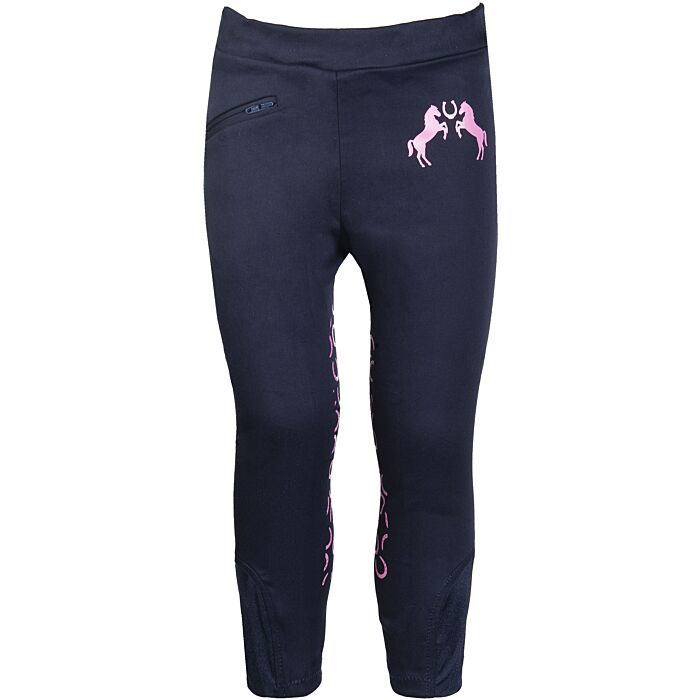 Sellerie Equideal à Saint-Dié 
Leggings pour enfants. Leggings HKM modèle Pony Dream, basanes en silicone 
Leggings de couleur bleu marine avec motif chevaux rose sur le devant. 