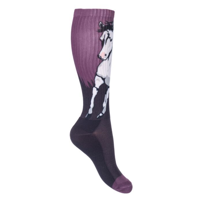 Sellerie Equideal à Saint-Dié 
Chaussettes HKM modèle Helsinki, chaussettes pour enfants, chaussettes violette avec motif cheval.