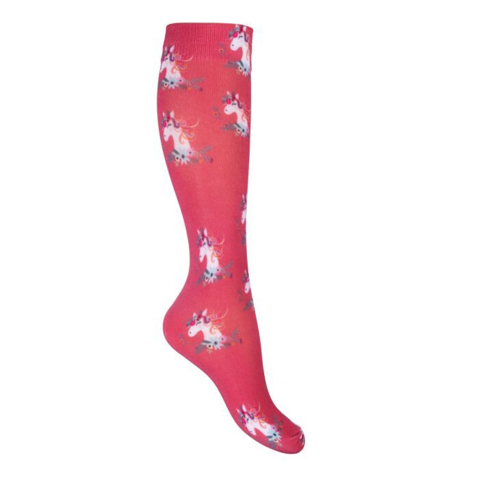 Sellerie Equideal à Saint-Dié 
Chaussettes HKM modèle Wonderland, chaussettes pour enfants, chaussettes légères d&#39;été, chaussettes de couleur framboise avec motif cheval, fleurs.