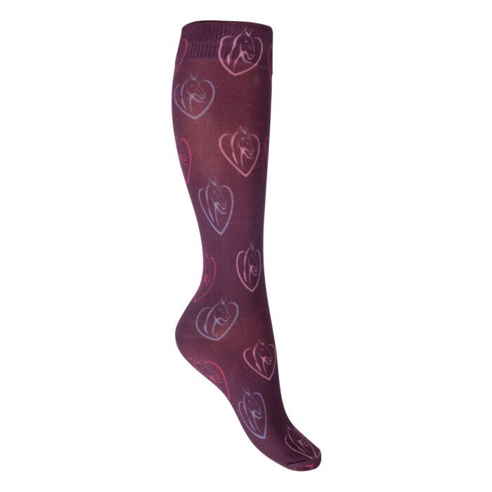 Sellerie Equideal, Saint-Dié 
Chaussettes équitation de la marque HKM, couleur violet avec tête de chevaux et coeur 