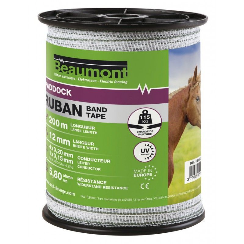 Sellerie Equideal à Saint-Dié 
Ruban BEAUMONT​

- 12 mm / 200 m

- Conducteur : inox 4 x 0,20 mm / 1 x 0,15 mm

- Charge de rupture 115 kg

- Résistance 5,20 ohms/m
