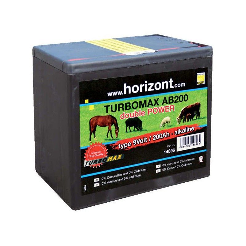 Sellerie Equideal à Saint-Dié 
Pile HORIZONT modèle &quot;Turbomax AB200&quot; 9V, 200 AH​

Les piles alcalines assurent une puissance maximale durant toute la durée de leur utilisation.

Résistent aux conditions extrêmes de -20°C à +45°C.

Toutes nos piles sont dites &quot;propres&quot;: 0% cadmium, 0 % mercure.

Conseils: Lors de la mise à l&#39;arrêt d&#39;un poste, retirer la pile ou la batterie du poste.

Mettre du ruban adhésif sur les trous situés sur le dessus de la pile pour éviter la dégradation de la pile durant le stockage.
