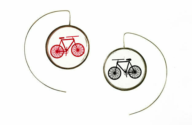 Black and red bicycle earrings