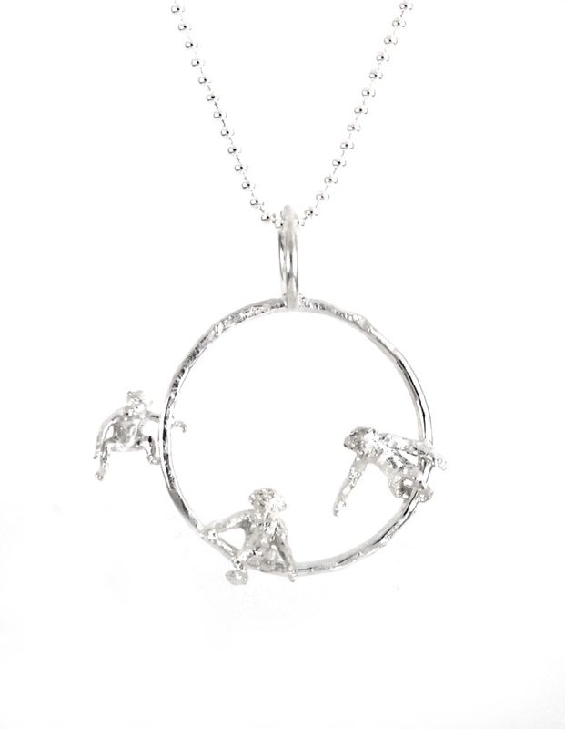Three Tiny Monkeys Silver Necklace
