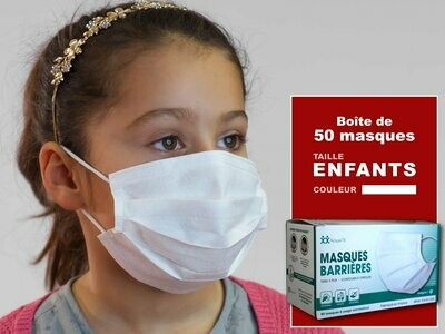Boîte de 50 masques BLANCS ENFANTS en tissu premium avec drapeau français - 30 lavages
