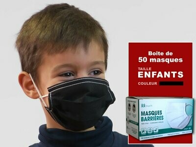 Boîte de 50 masques NOIRS ENFANTS en tissu premium avec drapeau français - 30 lavages