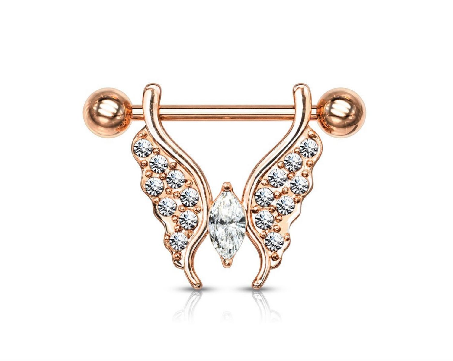 BARRA CAPEZZOLO FARFALLA, COLORE: ORO ROSA CON STRASS BIANCHI
