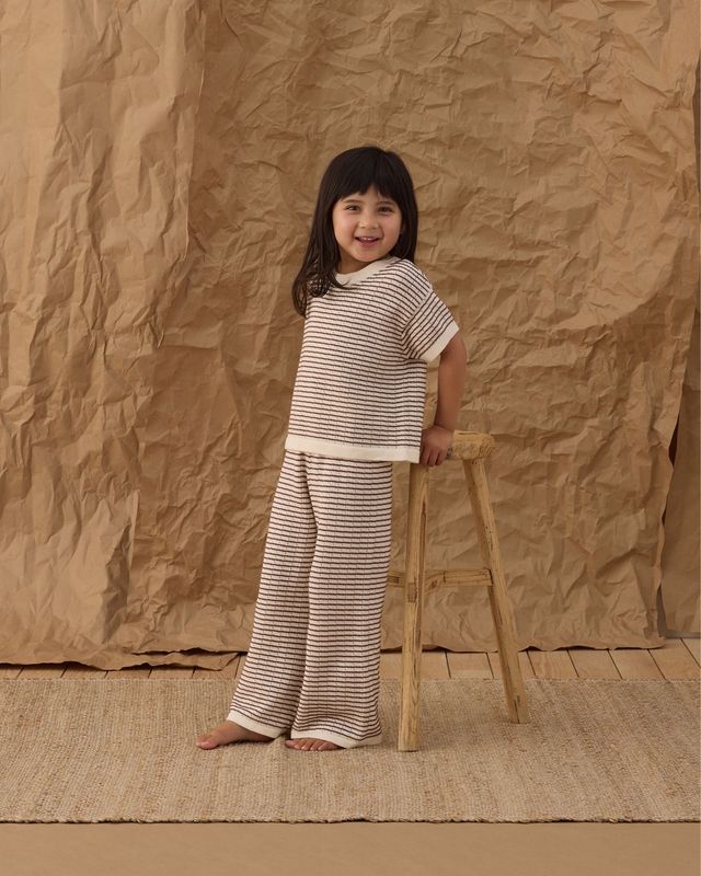 Boxy Crop Knit Tee | Chocolate Stripe