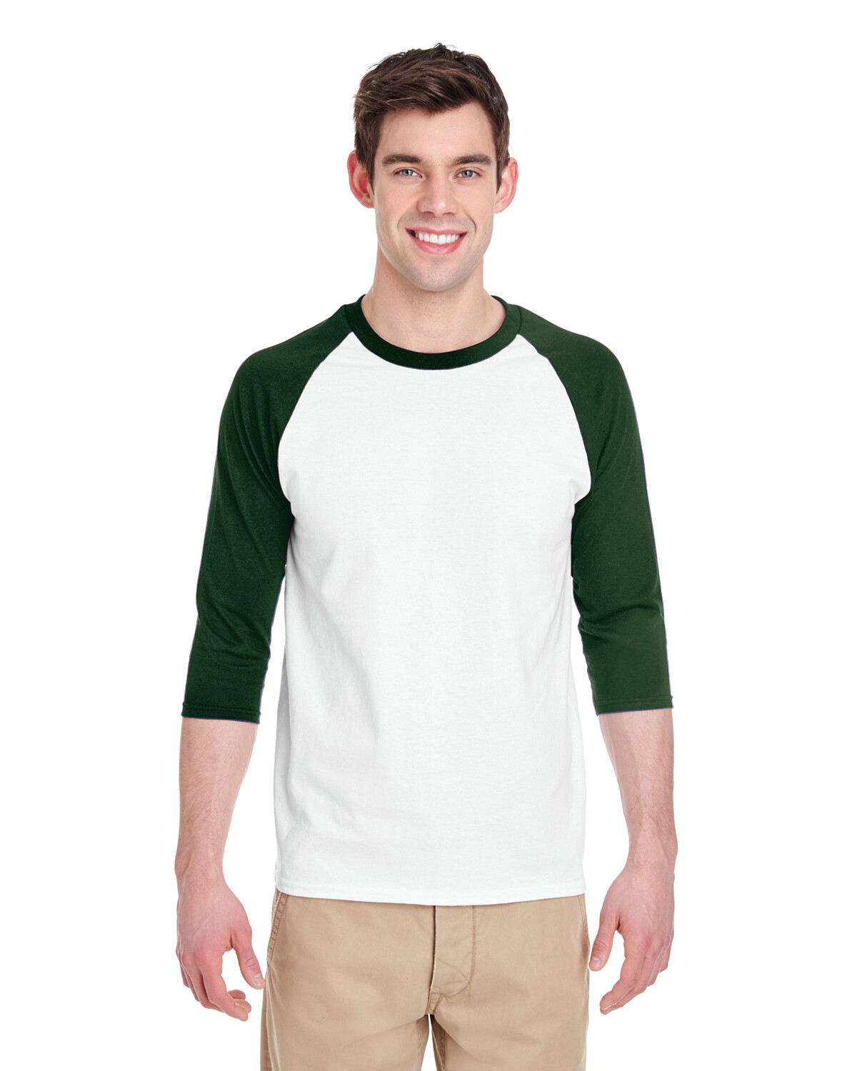 Gildan Ragland Tees, Color: White Body/Forrest Sleeves, Size: S