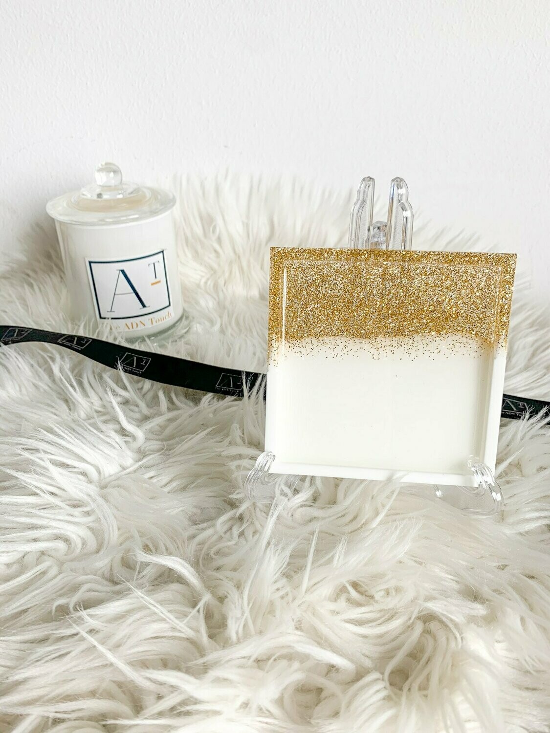 Porte savon blanc et transparent avec paillettes or