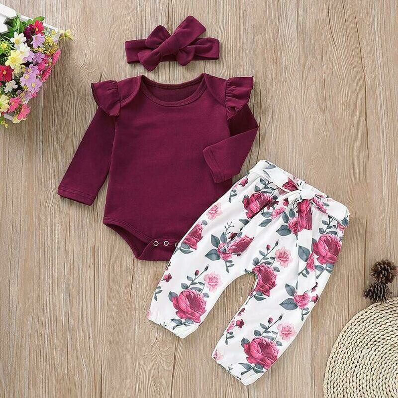 3-piece Ruffle crimson Romper and floral pants set