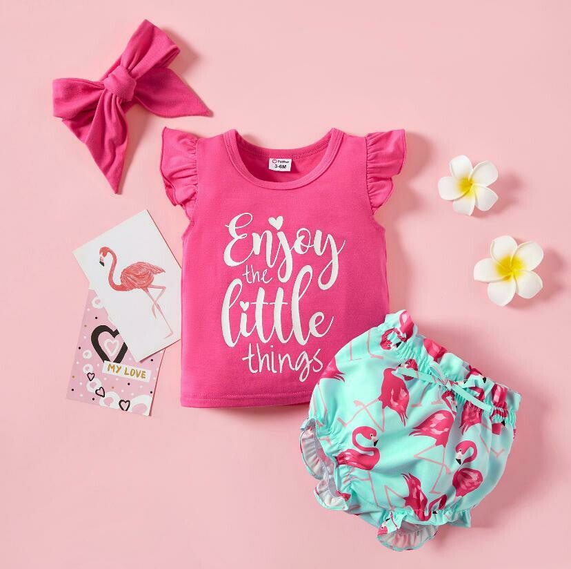 3PCS baby girl sweet letter top with flamingo shorts with headband