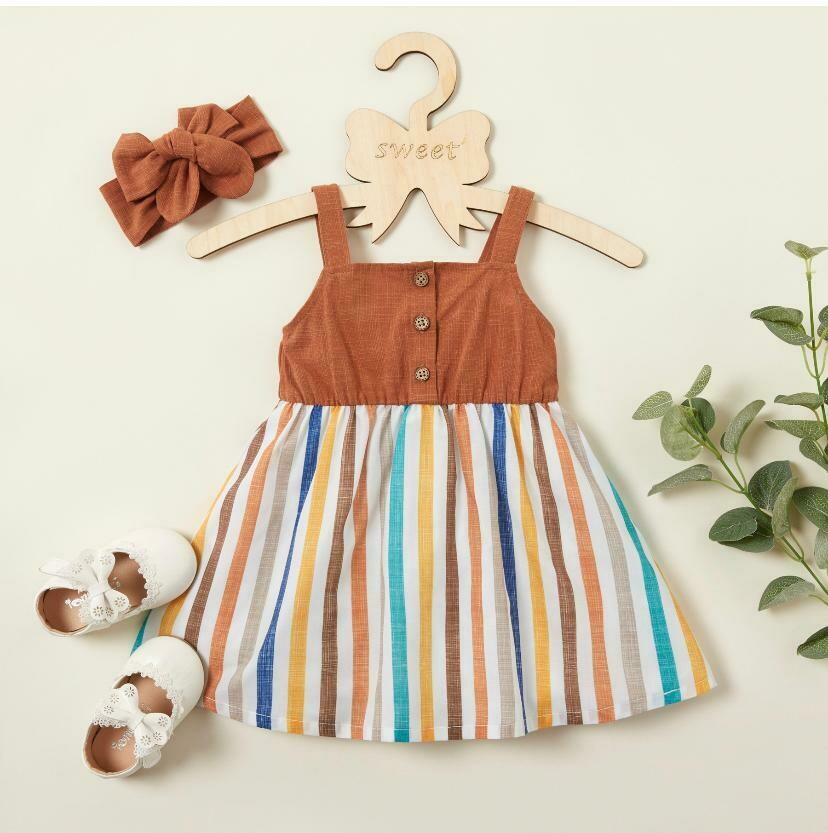 2PCS Baby girl  cute striped print strappy dress