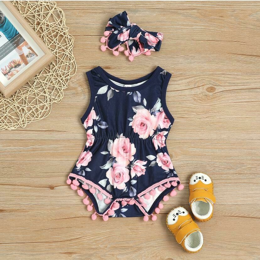Baby girl pretty floral pattern romper with headband
