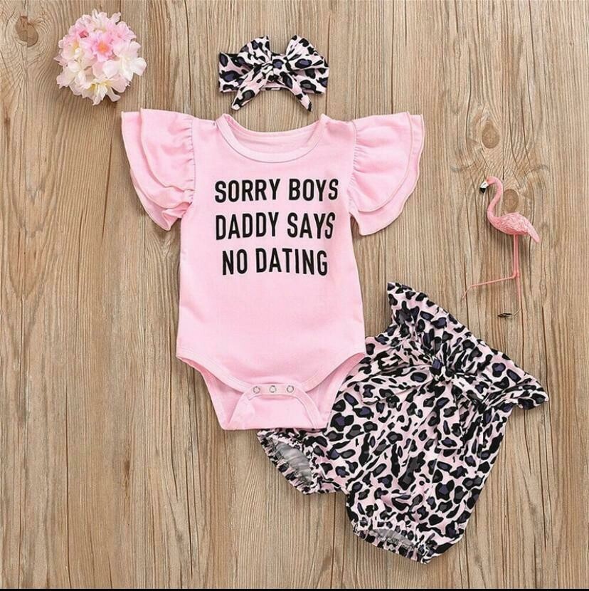 3PCS baby girl pink letter top leopard print shorts set