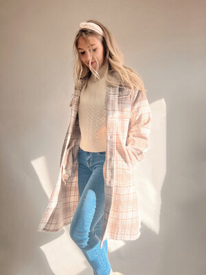 Long Ivory-Taupe Plaid Shacket w/ Front Pockets