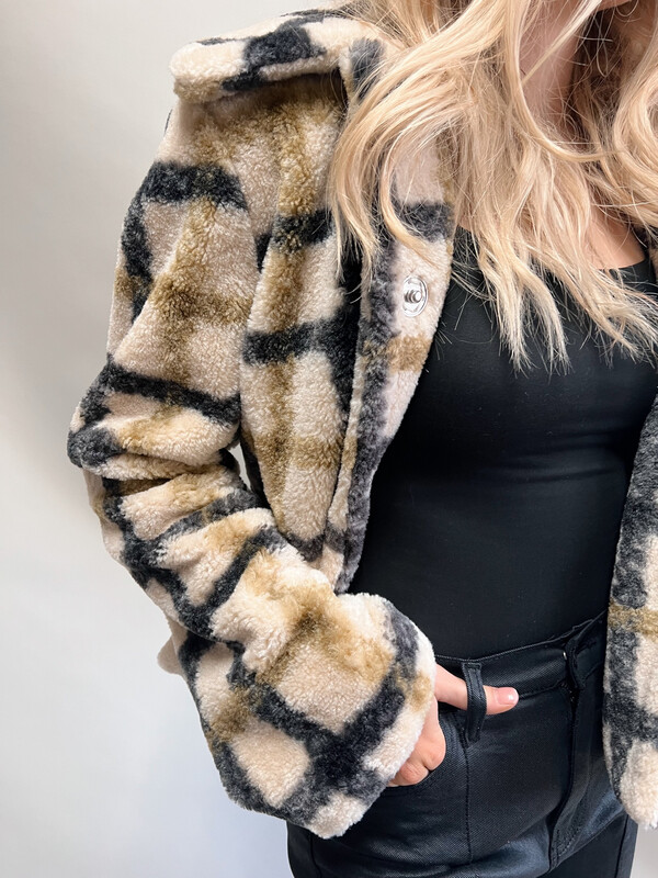 Faux Fur Plaid Jacket-Black/Olive Plaid