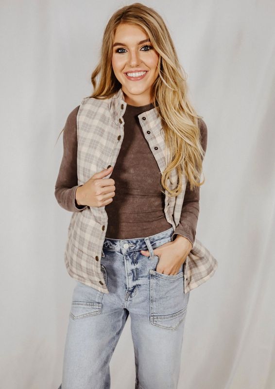 Snap Button Plaid Printed Puffer Vest