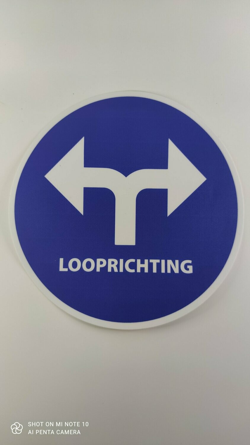 Vloersticker pijl +tekst looprichting blauw-wit F200
