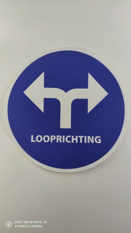 Vloersticker pijl +tekst looprichting blauw-wit F200