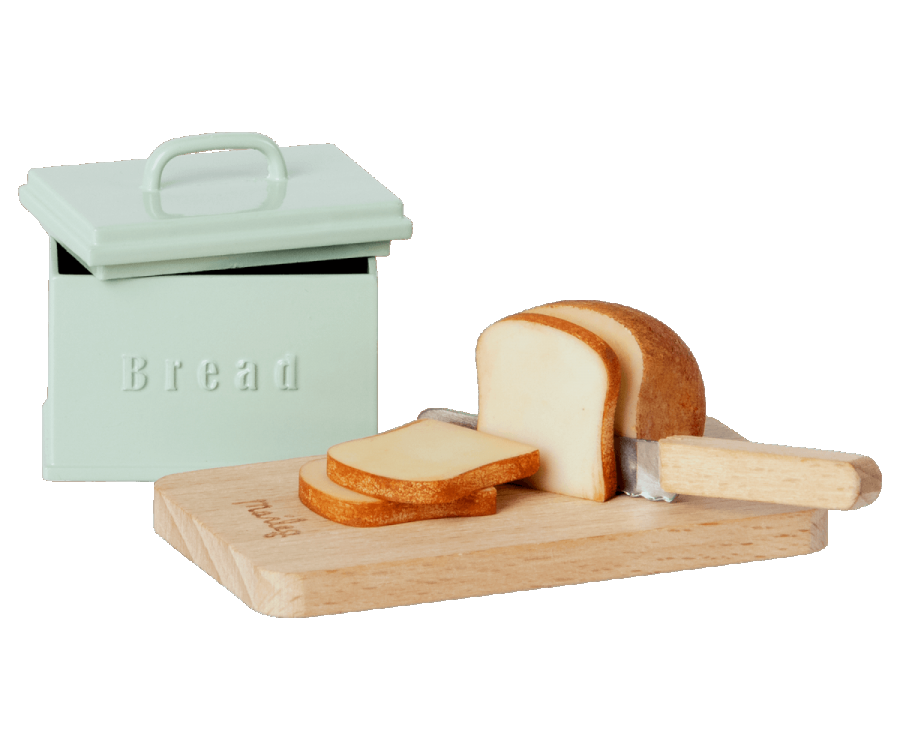 Miniature bread box w. cutting board and knife