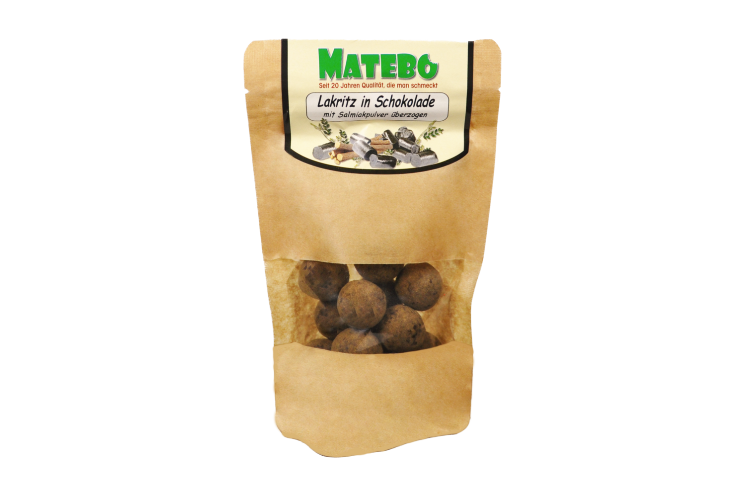 Lakritz in Schokolade (mit Salmiakpulver überzogen)