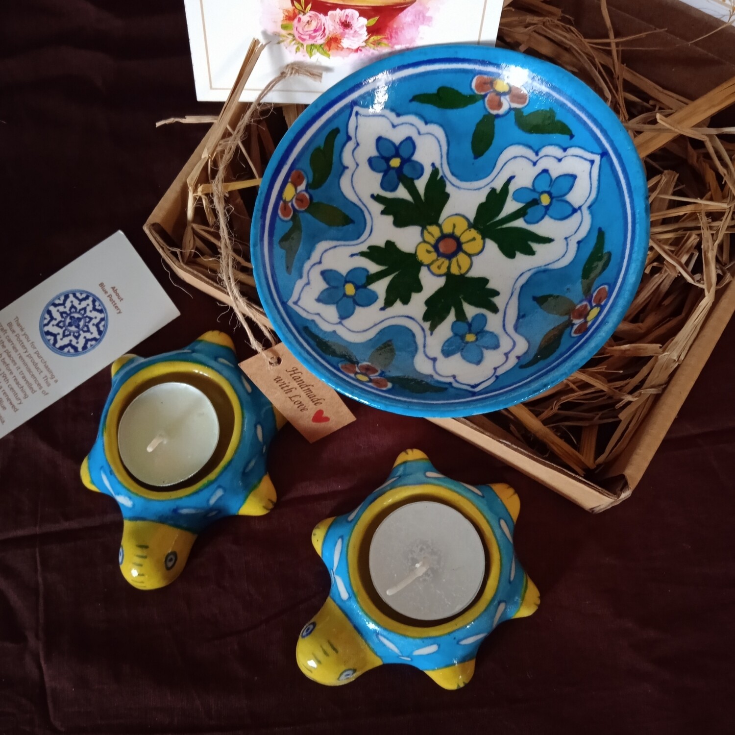 Blue Pottery 4" Plate + Tortoise T Light holder ( Set of 2) - Turquoise