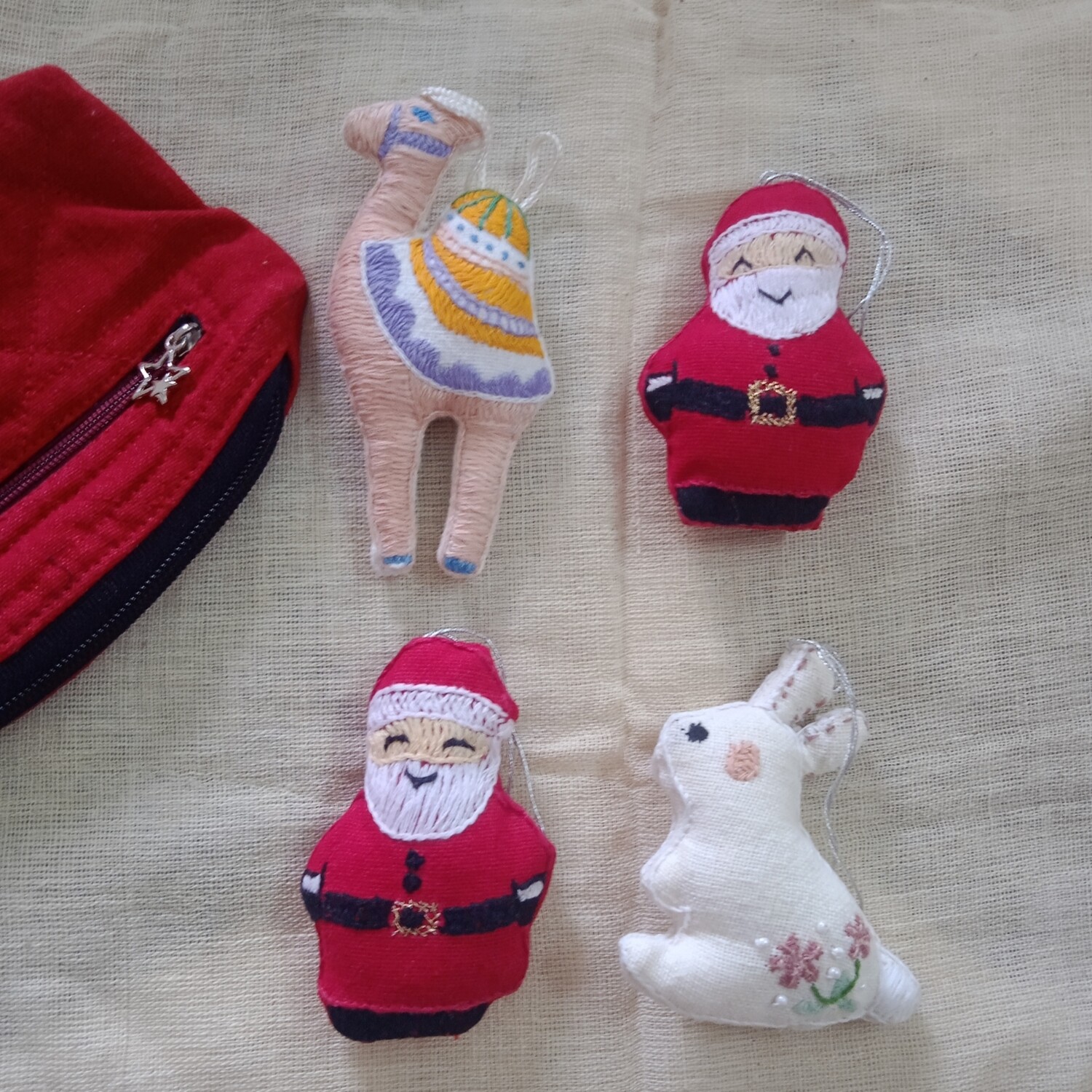Embroidered Christmas Ornaments - set of 4 with a pouch