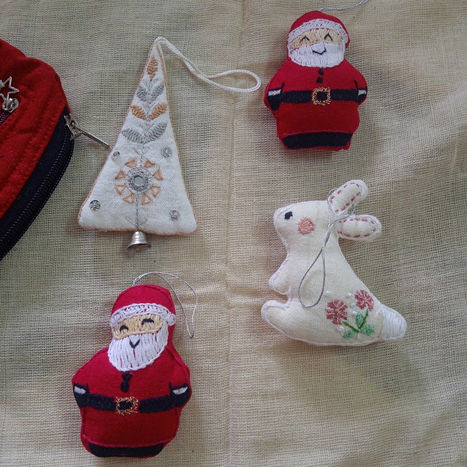 Embroidered Christmas Ornaments - set of 4 with a pouch
