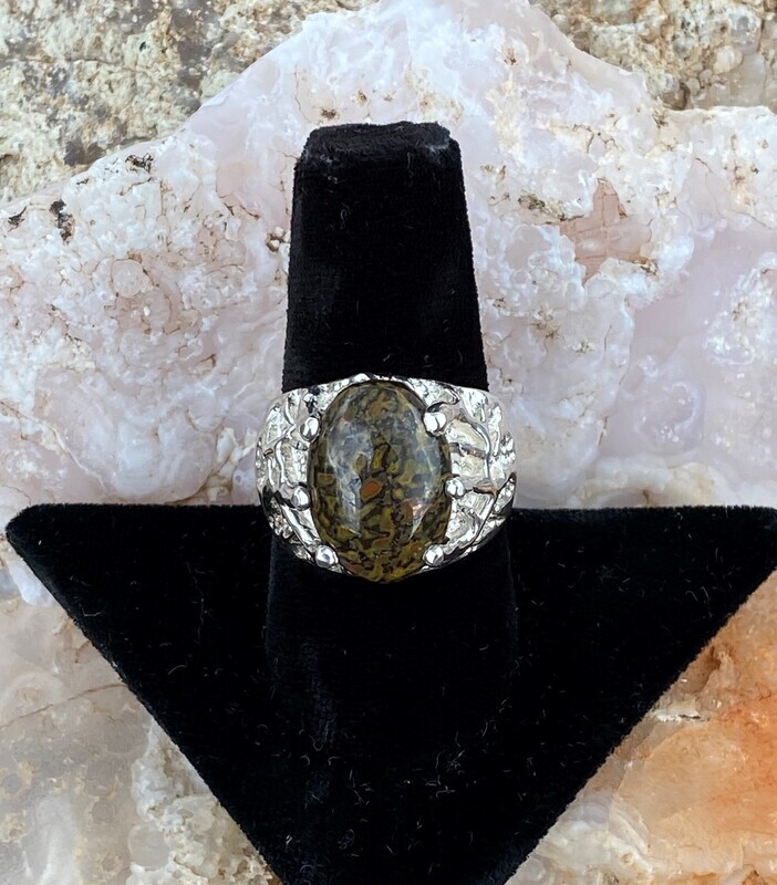 Heavy Sterling ring with rare green and red gem bone