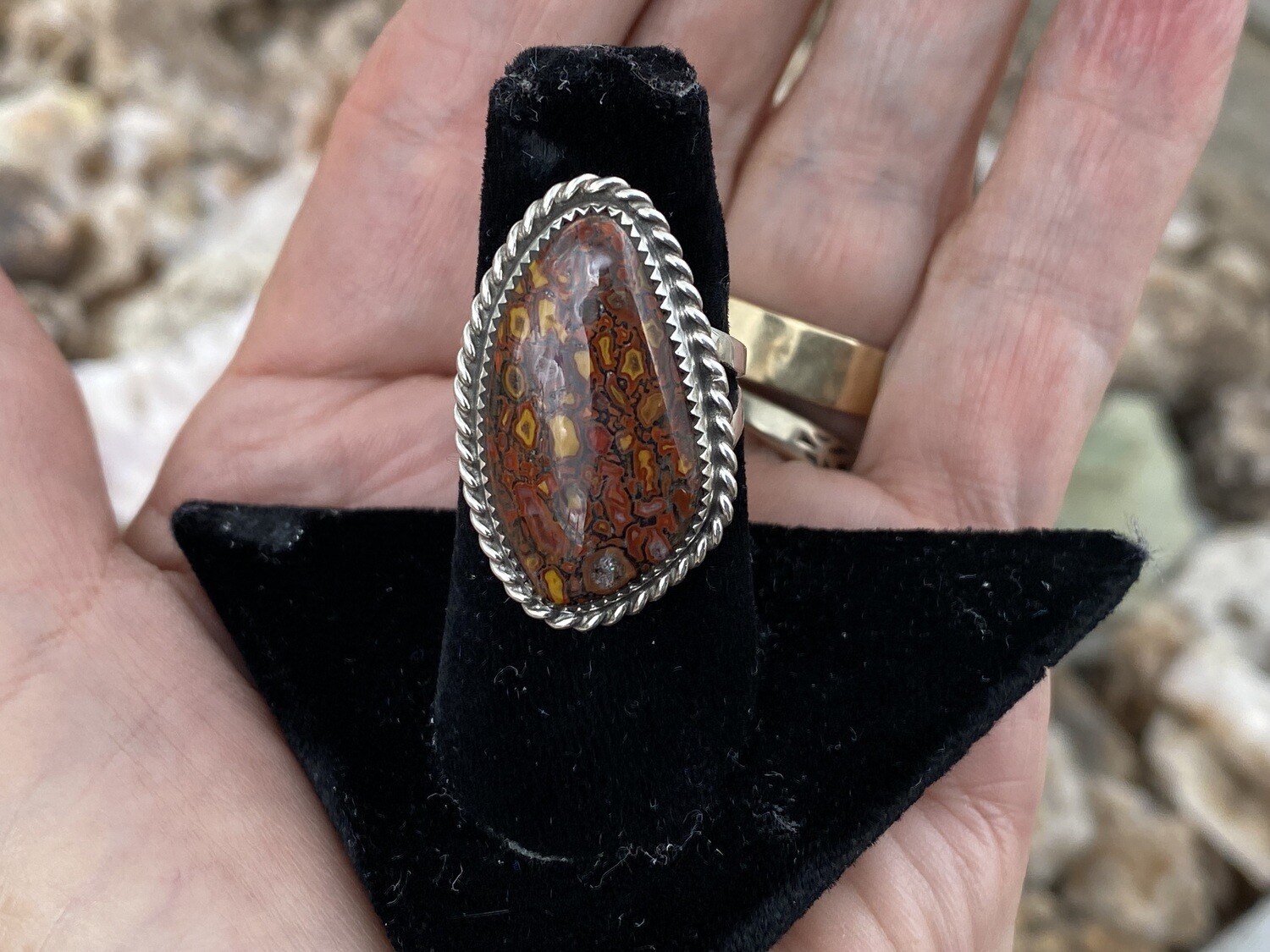 Unusual red and yellow gem bone ring