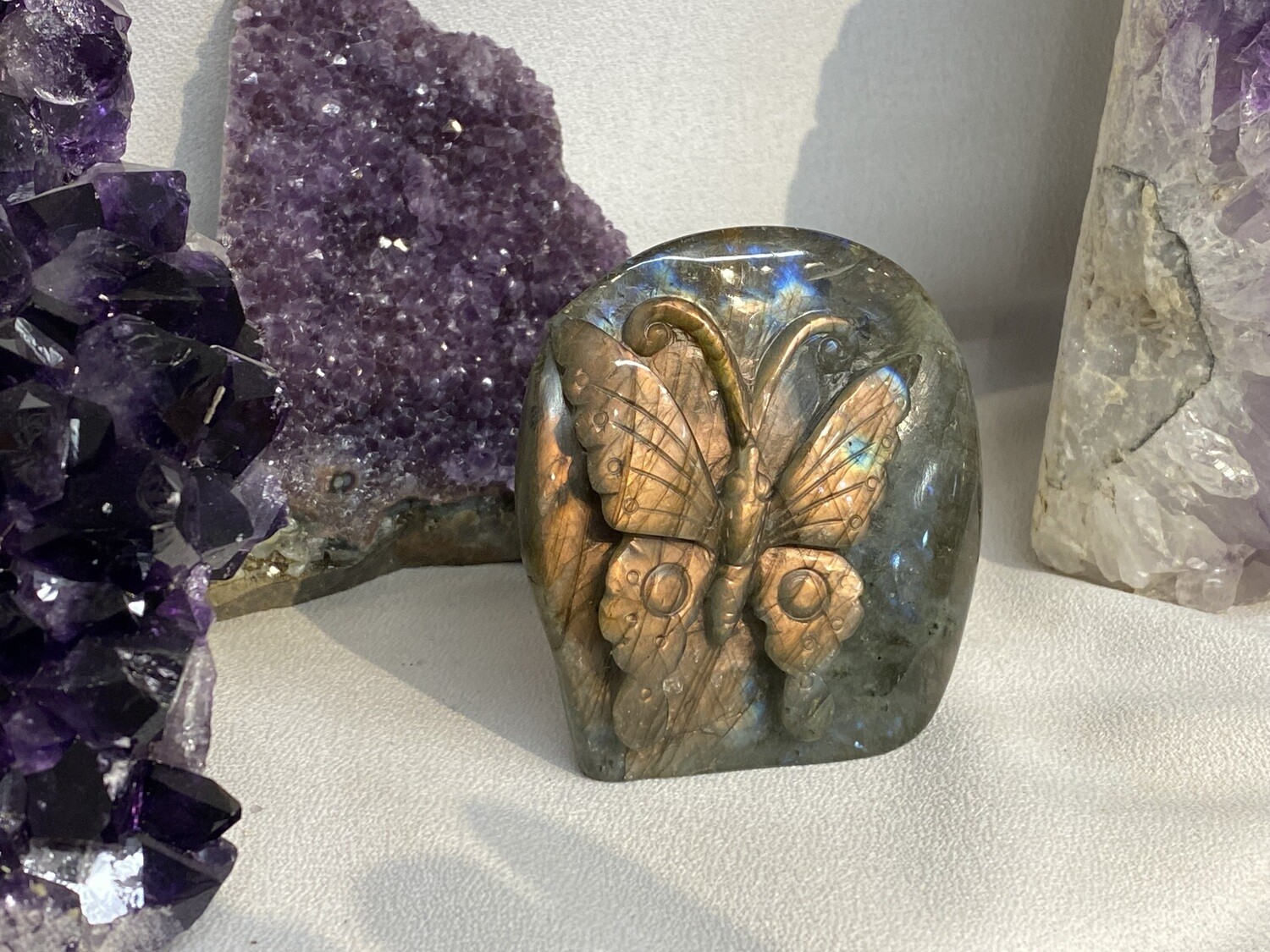 Rare Peach Labradorite butterfly carving