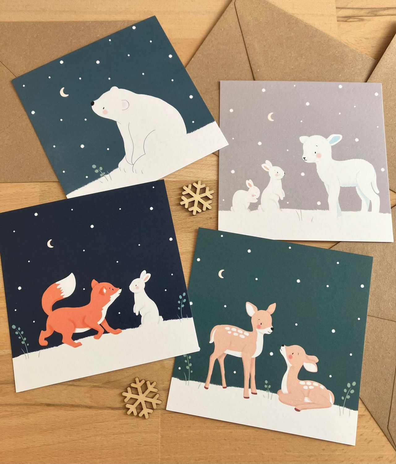 Lot de 4 cartes de voeux Lot de 4 cartes de voeux "Animaux hiver", carte de noël, décoration enfant, naissance