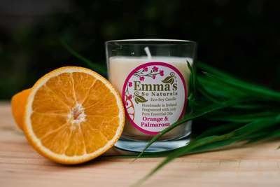 Orange and Palmarosa Natural Candle in Glass Tumbler.