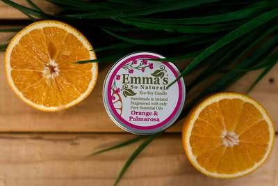 Orange and Palmarosa Natural Candle in Tin.