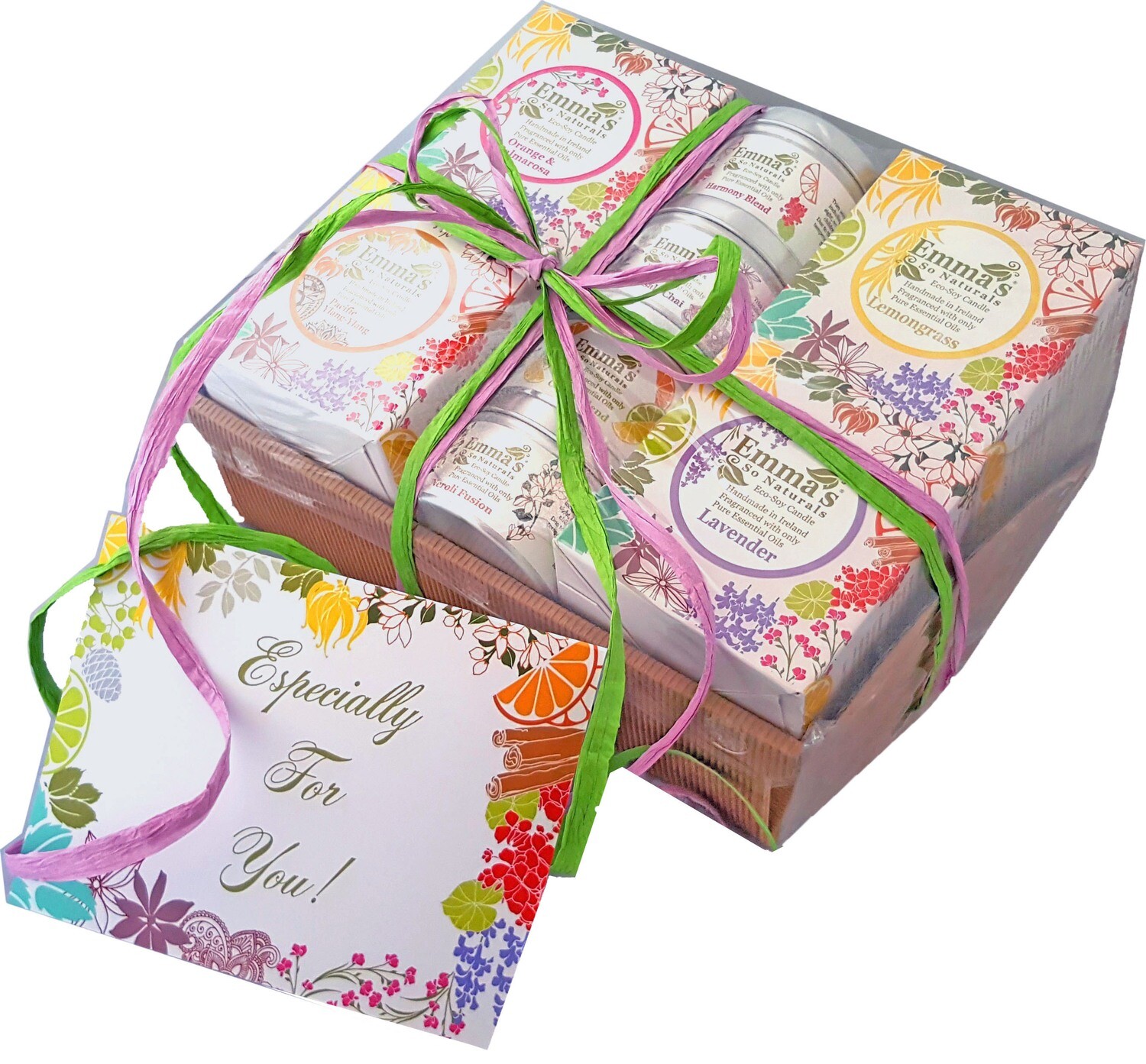 Gift wrapped Hamper with 8 Natural Scented Candles.