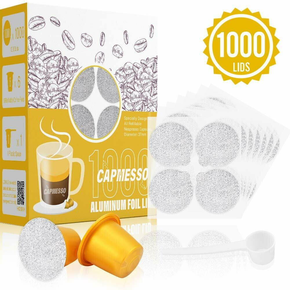 CAPSULEMATE Espresso Foils and Refillable Capsules-Seal Lids to Reusable Capsules Coffee Pod Compatible with Nespresso Original Line Machines (1000pcs Lids+6 pcs Pods)