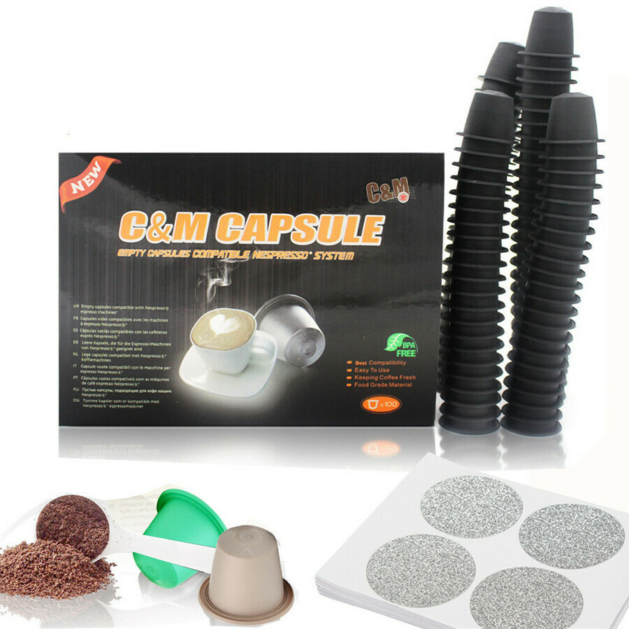 100pcs Black Color Empty Capsule Compatbile All Include The Lastest Nespresso Machines (Fillable Tea or Coffee) +100pcs CM Lids (Self Adhesive Aluminium Lid)