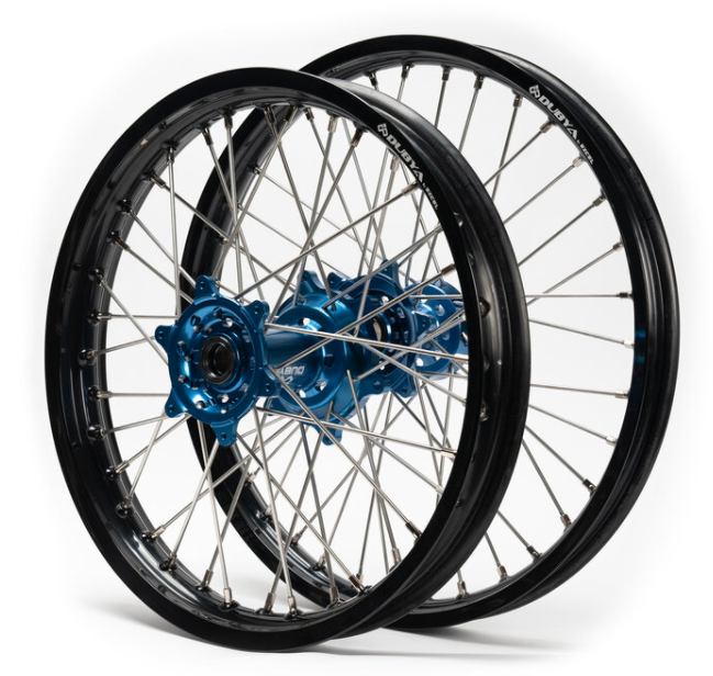 YAMAHA DUBYA EDGE WHEEL SETS, 19-25 WR450F, 15-25 YZ250FX/ 16-25 / YZ450FX, 21x1.6 / 18x2.15 BLACK/BLUE,