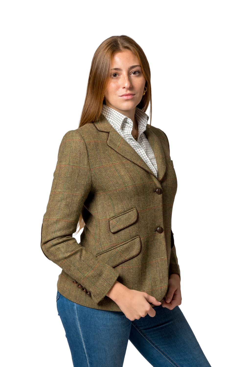 Chaqueta lana de espiga, con raya verde y naranja