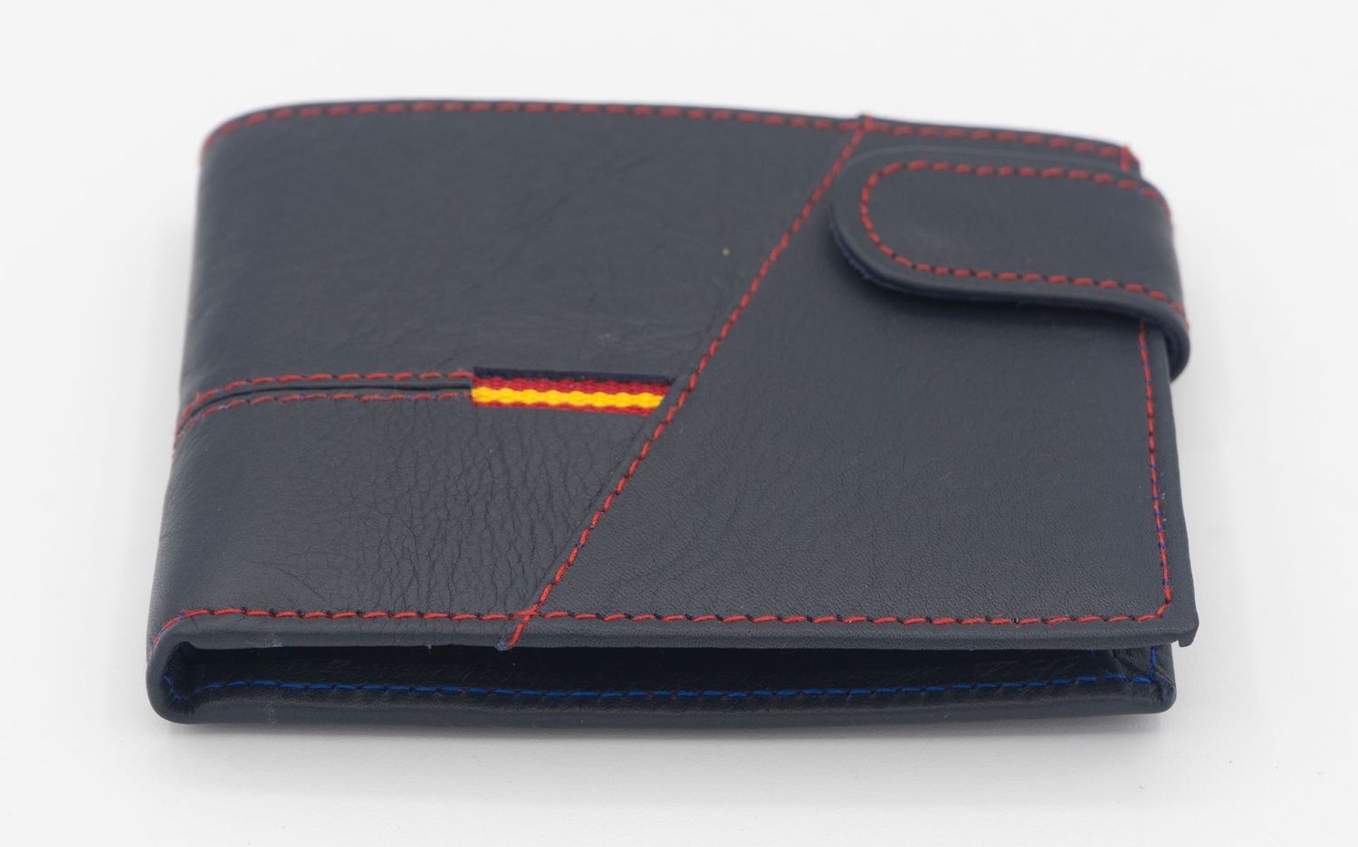 Cartera de piel azul con bandera de España | Cartera con broche hecha en España
