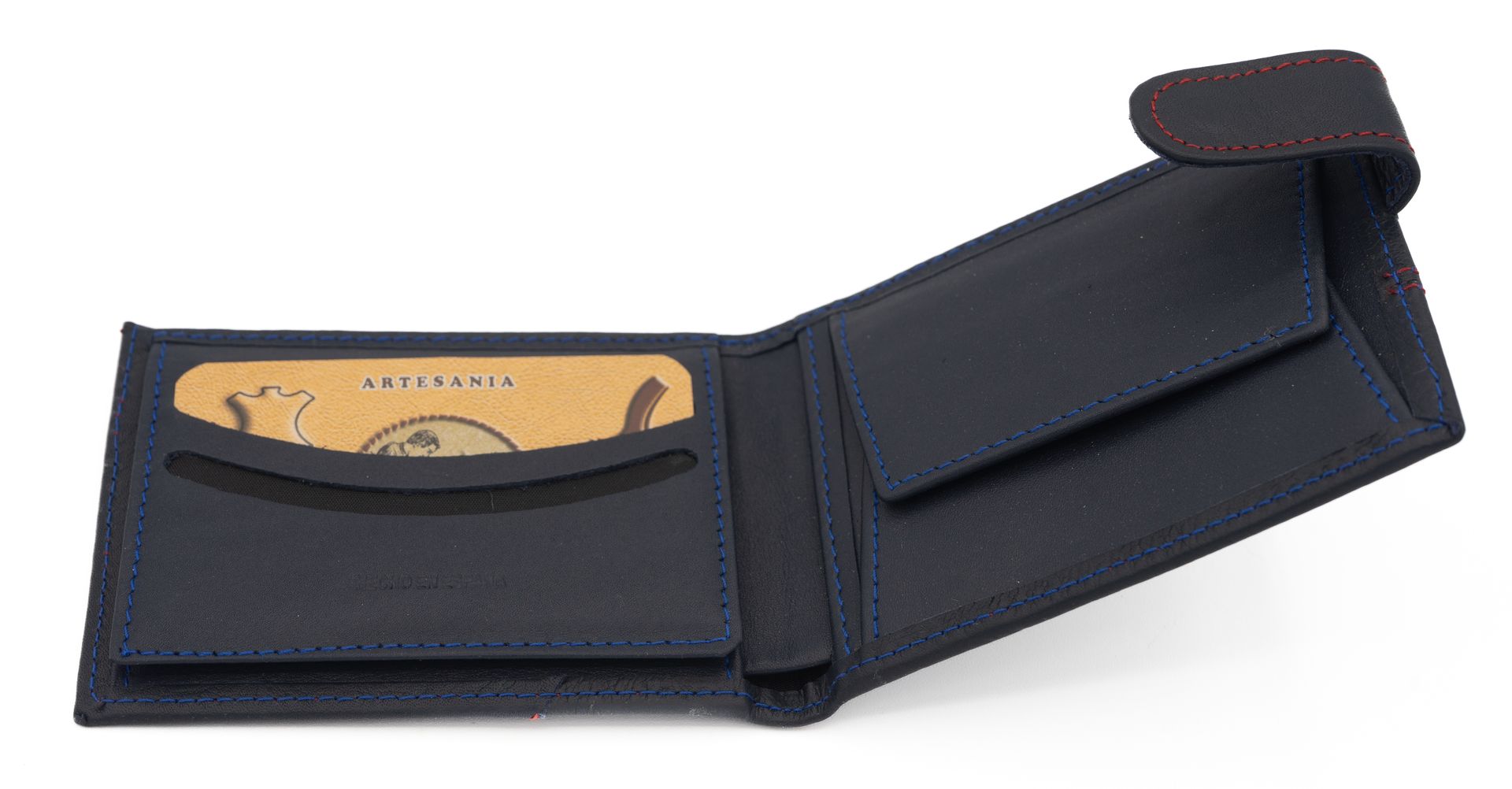 Cartera de piel azul con bandera de España | Cartera con broche hecha en España