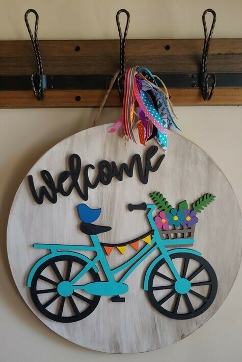 Welcome Bicycle 3D 18&quot; Round Wood Sign