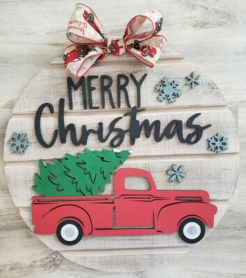 Round 3D Merry Christmas Vintage truck and tree