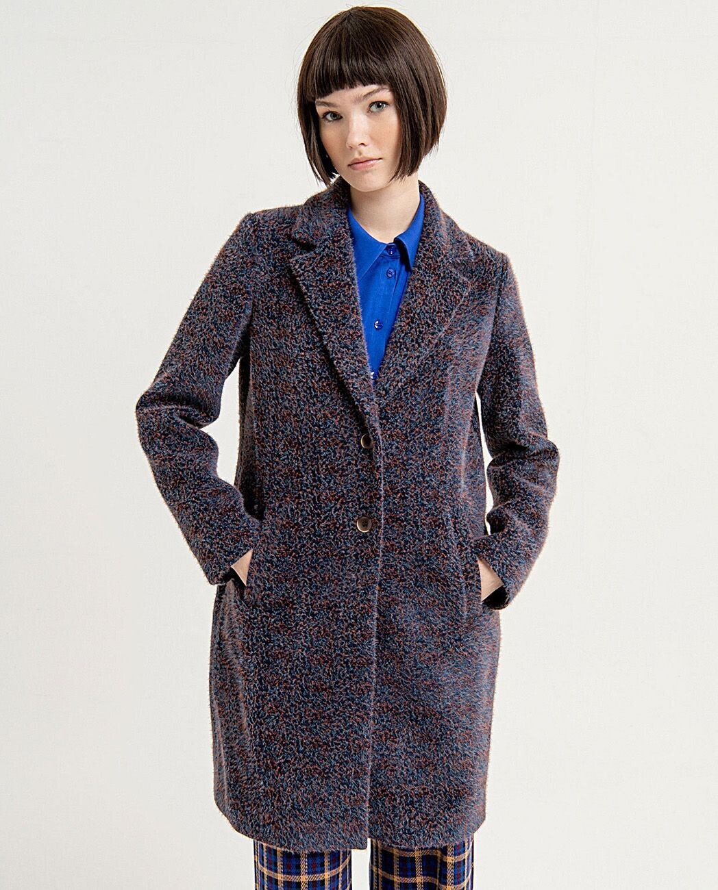 Cappotto corto redingote texture jacquard Marino