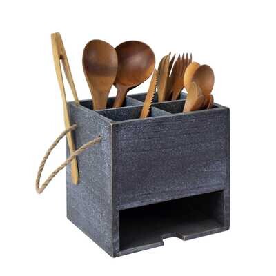Torched Wood Kitchen Condiment Organizer and Flatware Utensil Cutlery Caddy Great Storage Organiser for Home Decoration