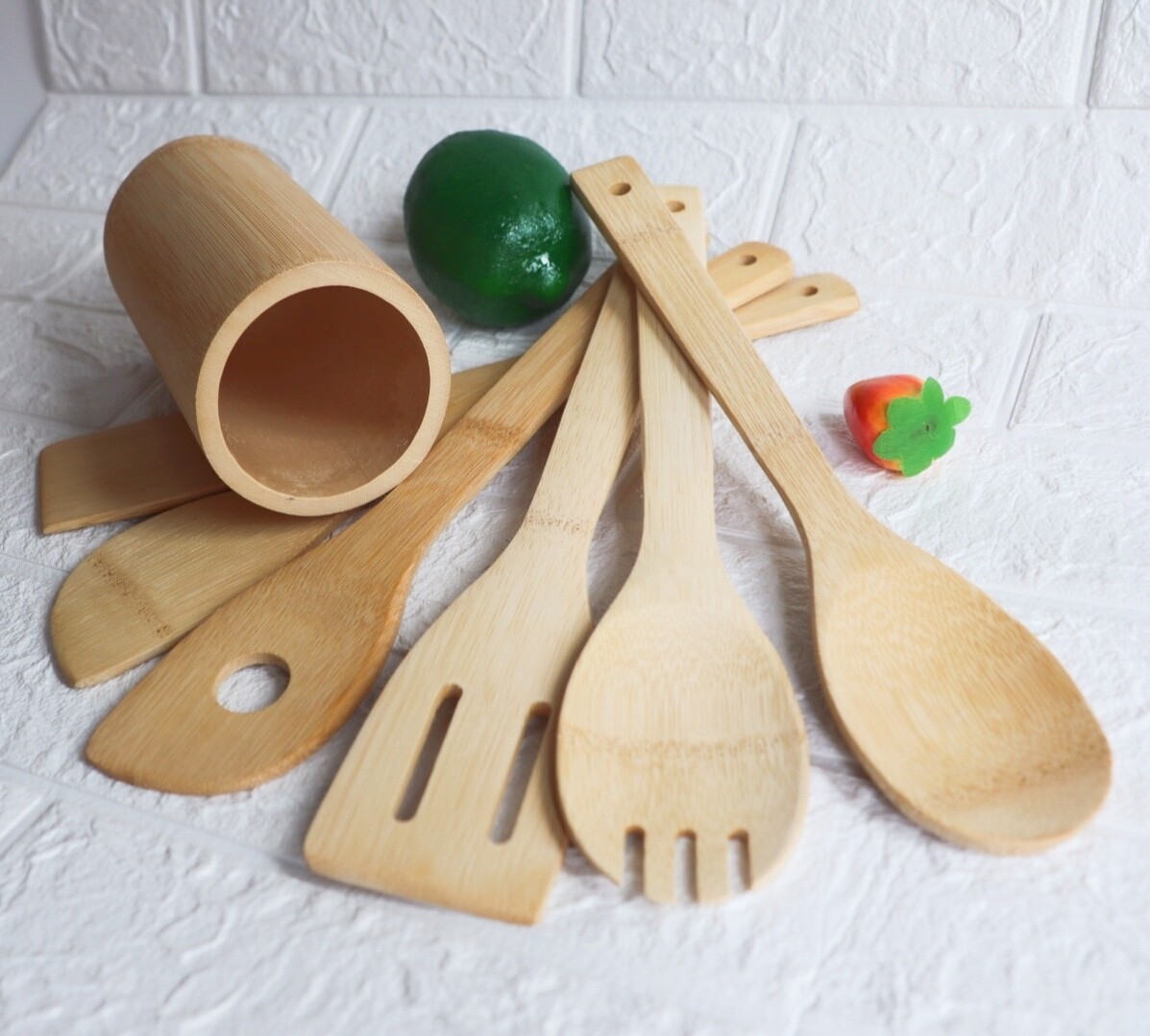 Eco friendly reusable customized  kitchen cooking set  natural wood wooden with holder spoons bamboo utensils