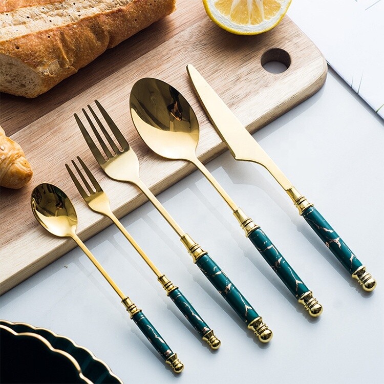 Nordic Marble Ceramic Handle Flatware Stainless Steel Fork Spoon Portable Cutlery  Dinnerware Sets